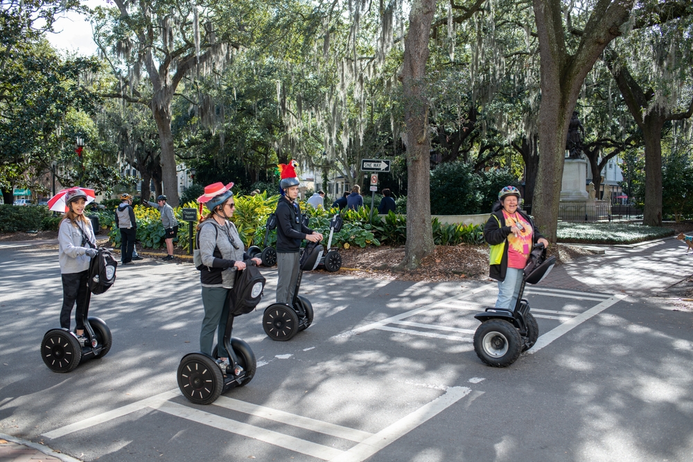 Tourists on segways in the city of Savannah. One of the fun tours in Savannah GA.  