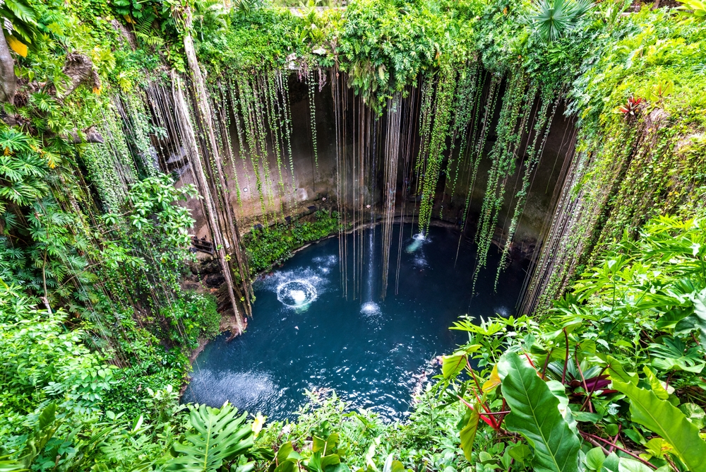 Ik-Kil Cenote, Chichen Itza, Mexico. Lovely cenote with transparent waters and hanging roots, Central America.