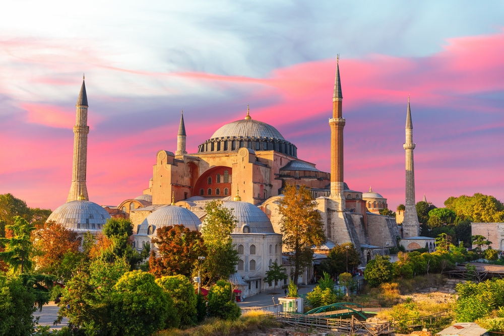 Hagia Sophia Mosque of Istanbul, impressive sunset scenery of the capital of Turkey