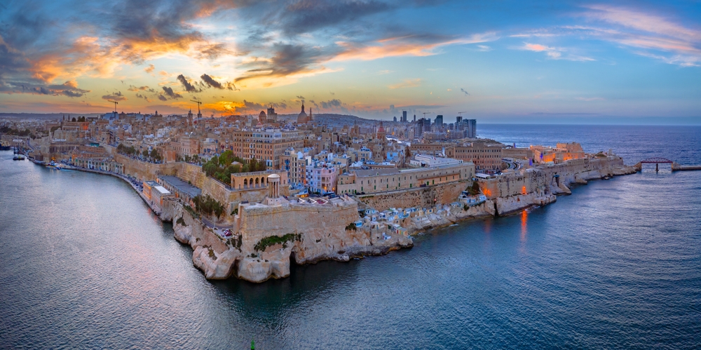 View of Valletta, the capital of Malta at sunset.  