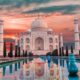 iconic white marble building with sunrise sky in background