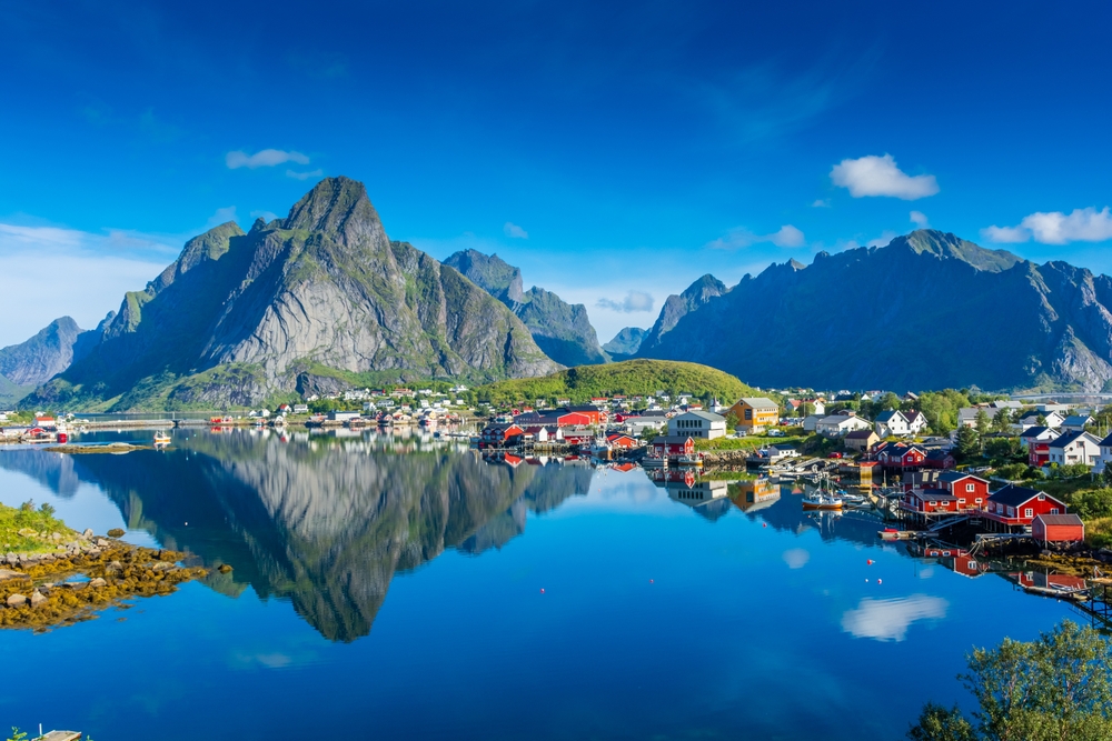 Perfect reflection of the Reine village on the water of the fjord in the Lofoten Islands, Norway