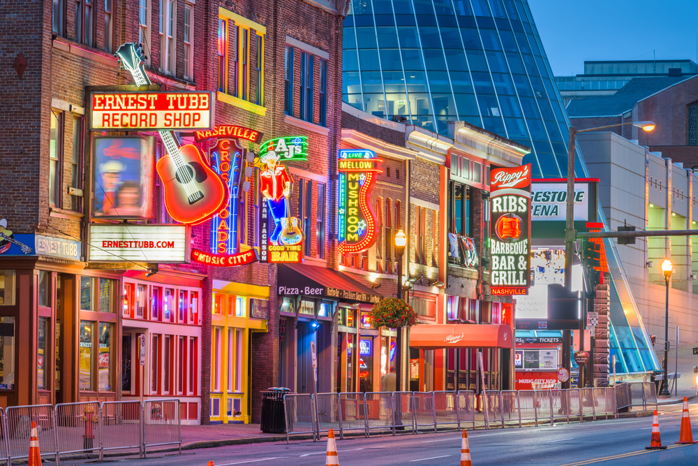 Honky-tonks on Lower Broadway. The district is famous for the numerous country music entertainment establishments. One of the best 30th birthday trip ideas