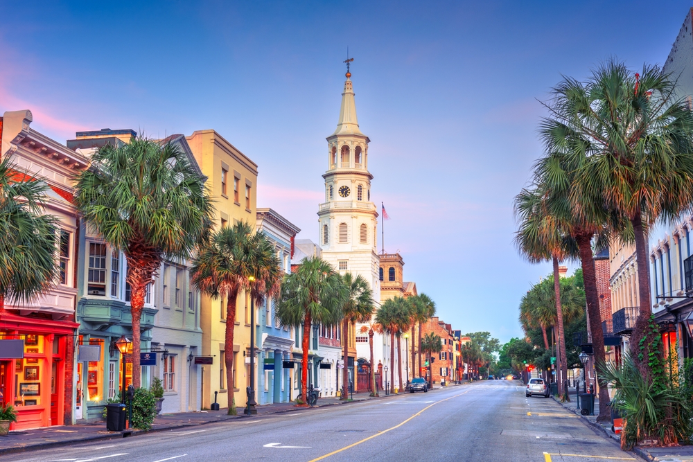 cityscape in the historic district at twilight in Charleston.