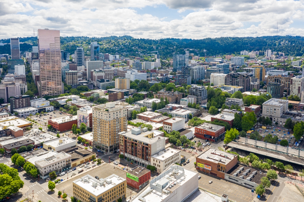 Aerial view of Downtown Portland, Oregon.  One of the cities to visit in America. 