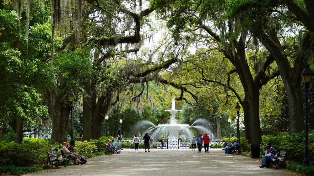 A shady walkway in Forsyth Park in the Historic District. It shows the fountain and people are walking around.  