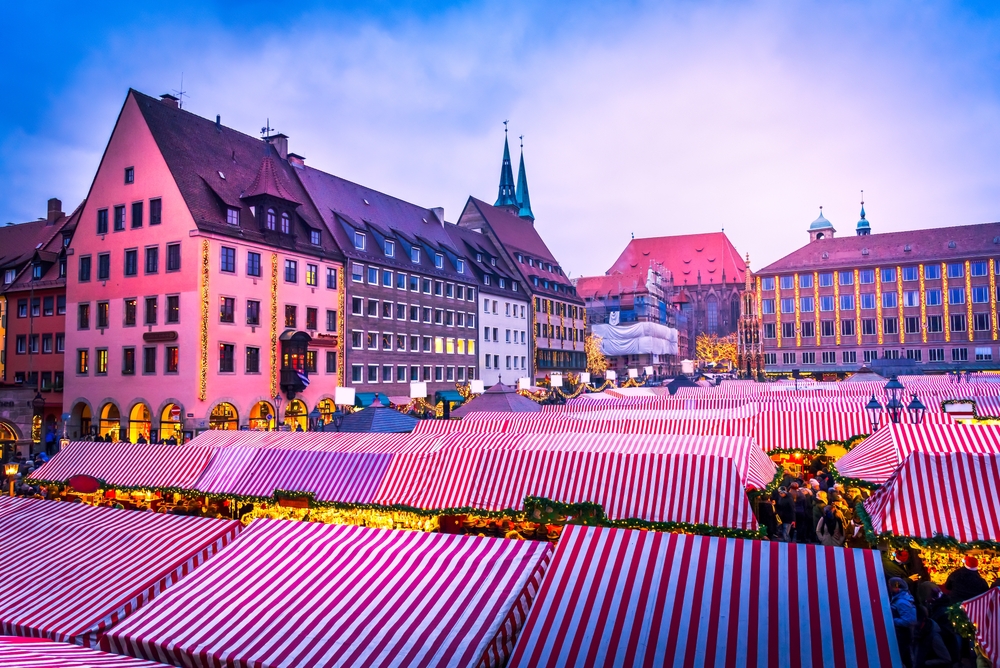 Nuremberg, Germany. Christkindlesmarkt one of the oldest Christmas markets, famous Bavaria touristic background. One of the places to go in Europe in winter 