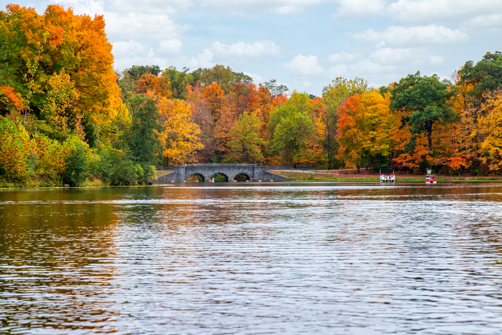 autumn coolers around the lake ion a park. You can see a bridge in the distance. 