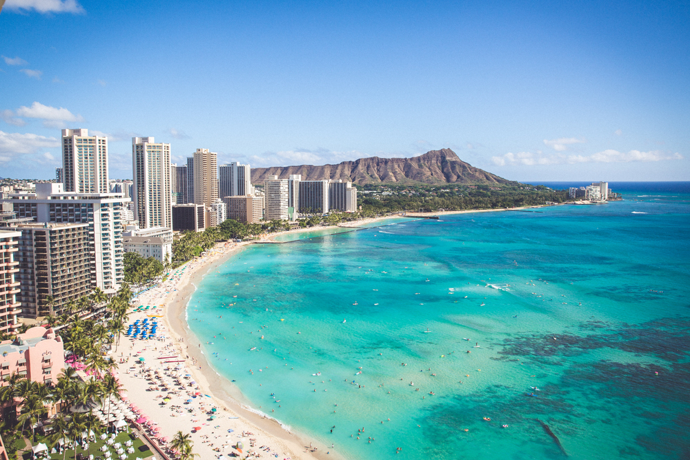 Diamond Head - volcanic cone on Oahu, Hawaii you can see the beach with people on