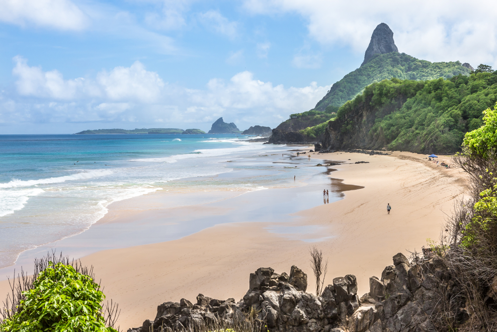 Fernando de Noronha, Brazil you can see the beach and mountains in the background