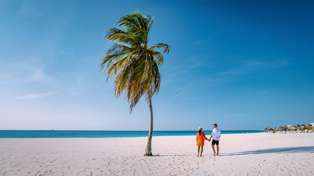 couple walking in sand by a pal tree. Article is on  best beaches in the world