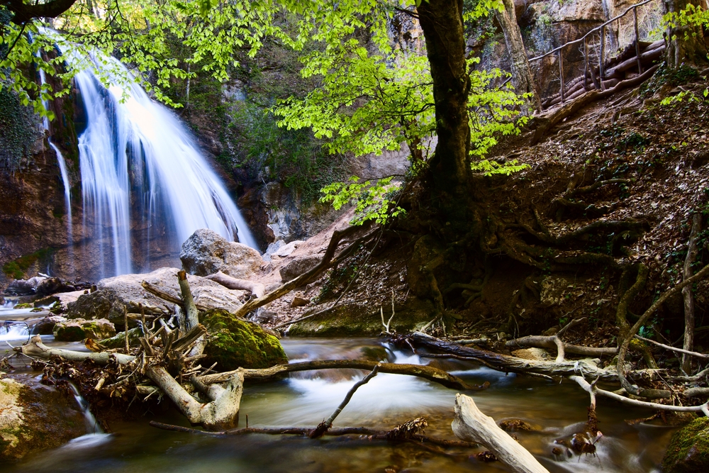 waterfall in a cave with trees all around it. 