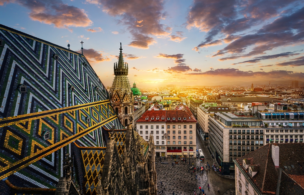 View of Vienna from the roof of St. Stephen's Cathedral, Vienna, Austria. St. Stephen's Cathedral is a symbol and landmark of the city of Vienna. The article is about traveling to Europe 