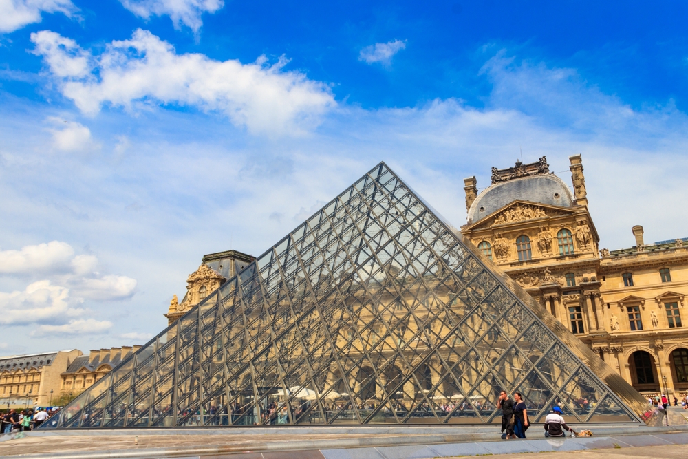 Museum of Louvre and pyramids in Paris, France. The article is about traveling to Europe. 