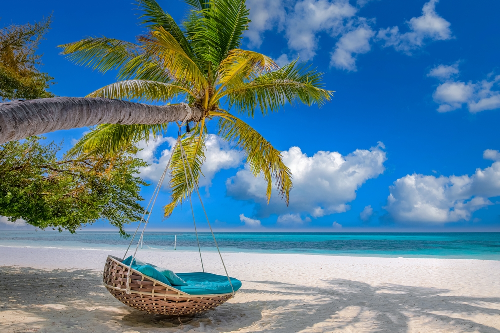 Big swinging bed hanging on a palm tree on a white sand beach in Fiji, one of the best honeymoon destinations.