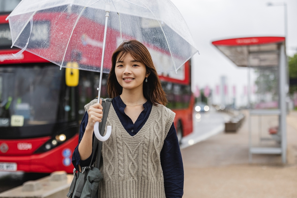 girl in London in the rain with umbrella. The article is about what to wear in London in spring