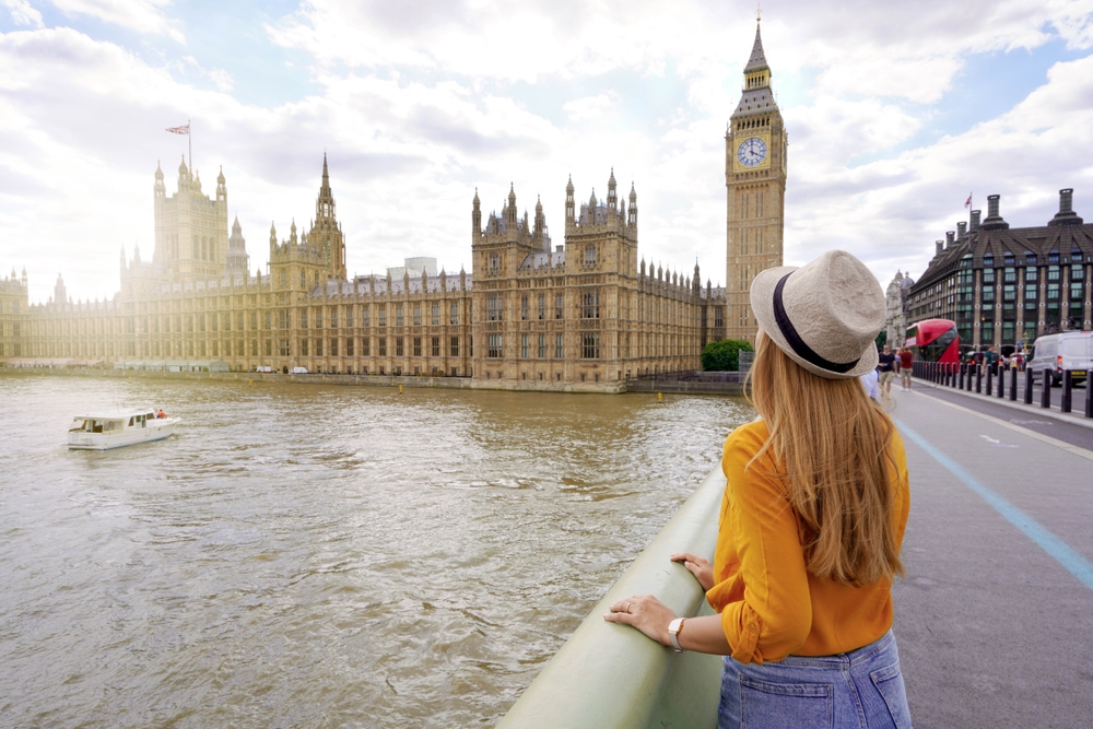 Girl with yellow top and hat looking over Westminster. The article is about  what to wear in London in the spring