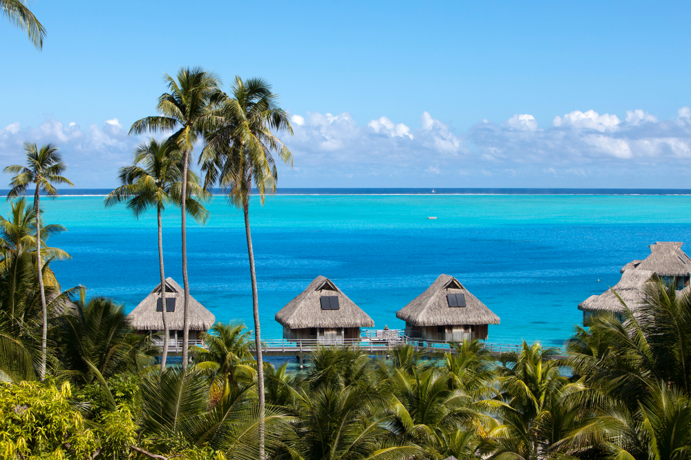 View looking down at over water bungalows with palm trees and bright blue ocean water.