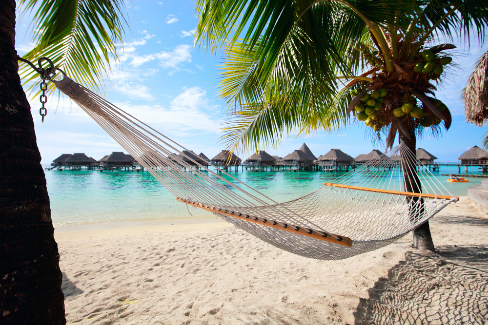 Hammock spread between palm trees at a beach with over water bungalows in the background.