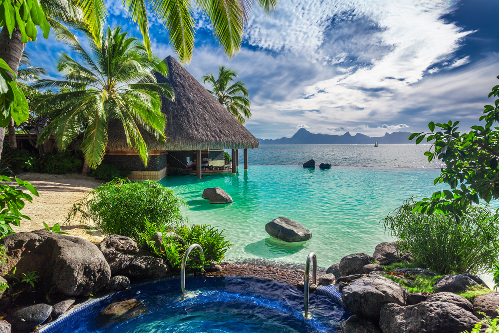 Hot tub and pool next to the ocean and a bar surrounded by tropical plants.