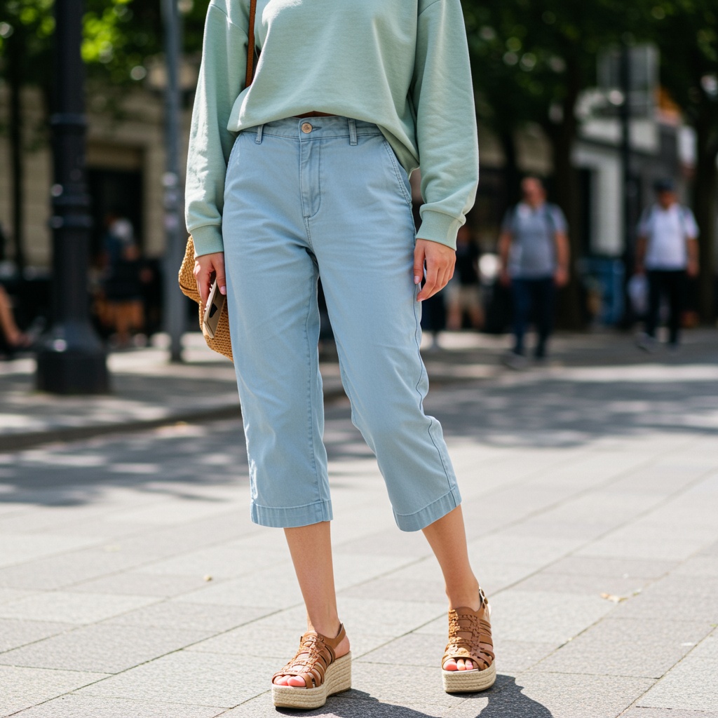 girl wearing cropped trousers and sweatshirt with wedge sandals. The article is about Disney Cruise Outfits