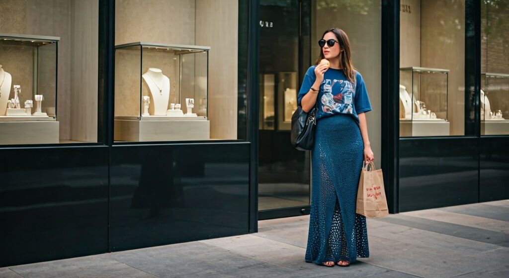 girl in long skirt with a t-shirt on a street. The article is about Disney Cruise Outfits.