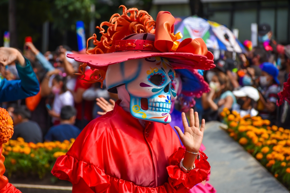 Day of the dead parade in Mexico city, Catrinas with colorful costumes in an exciting tradition.