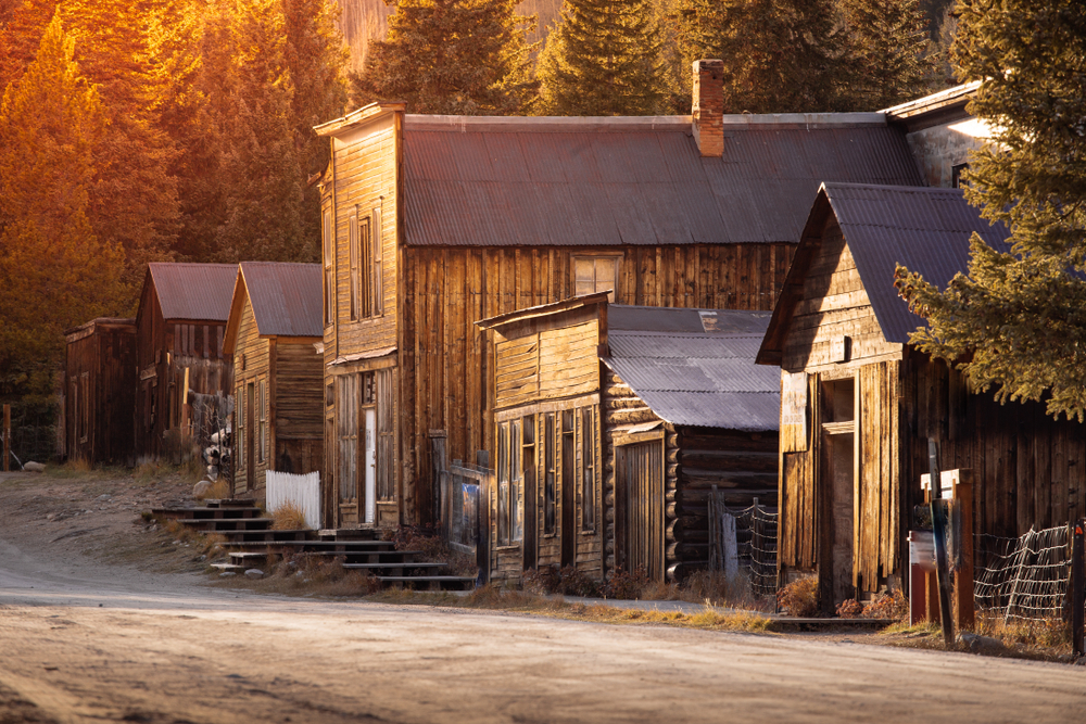 Old wooden buildings with trees in background
