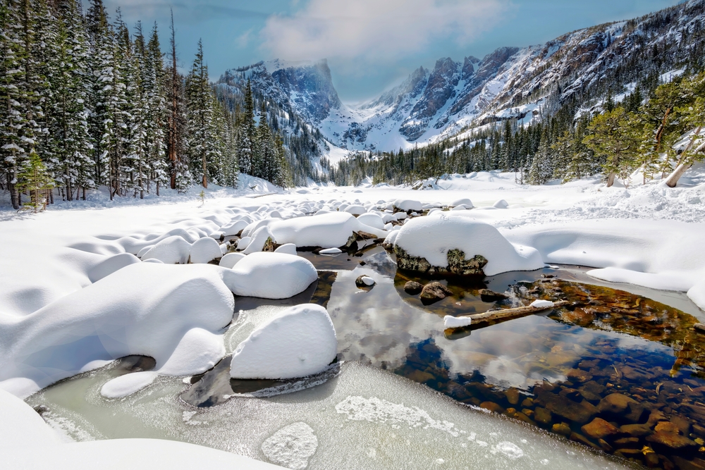View of Dream Lake frozen during winter at Rocky Mountain National Park near Estes Park Colorado