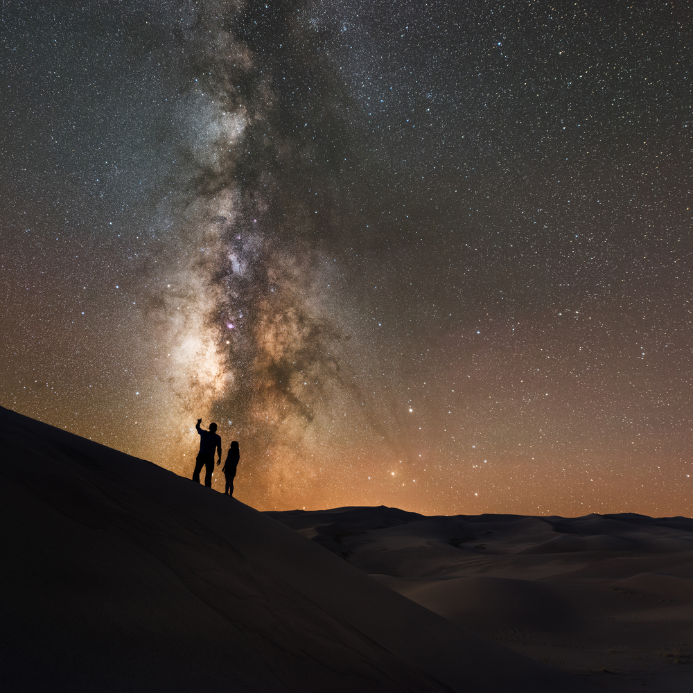 The article is about things to do in Colorado. Stargazers at Great Sand Dunes National Park looking at the Milky Way Galaxy