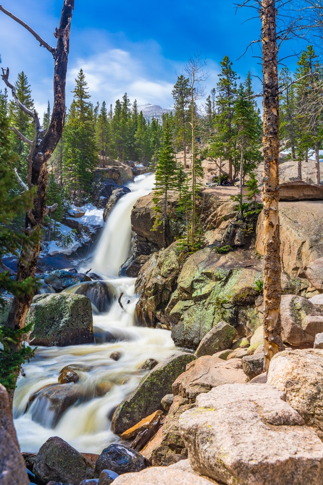 A long exposure shot of the Alberta Falls - Rocky Mountain National Park, Colorado. The article is about things to do in Colorado. 