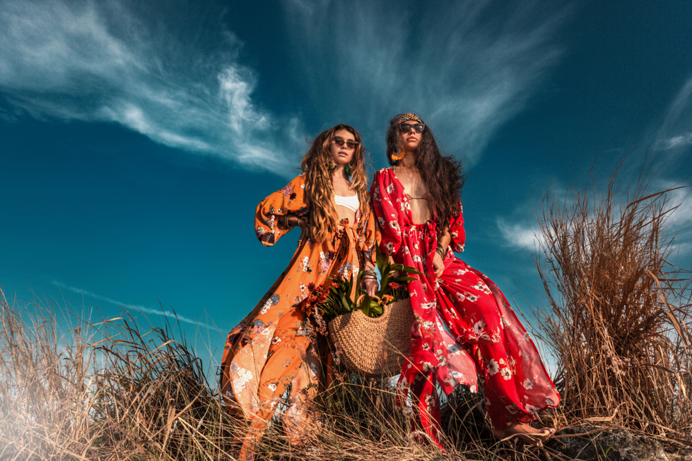 two beautiful stylish boho models outdoors