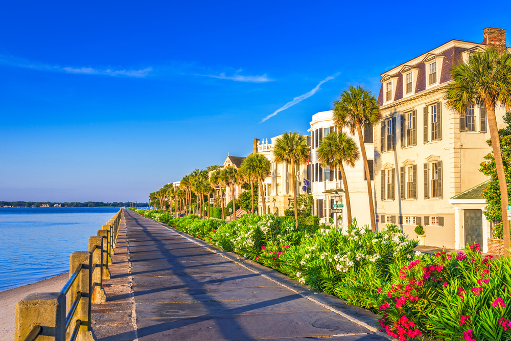 historic homes on The Battery looking over over the water. There are flowers in the front garden.