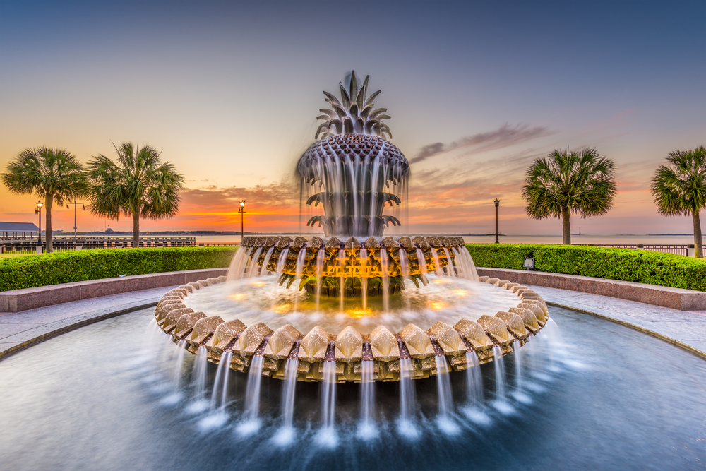 The pineapple fountain taken in slow motion with the water in the background.