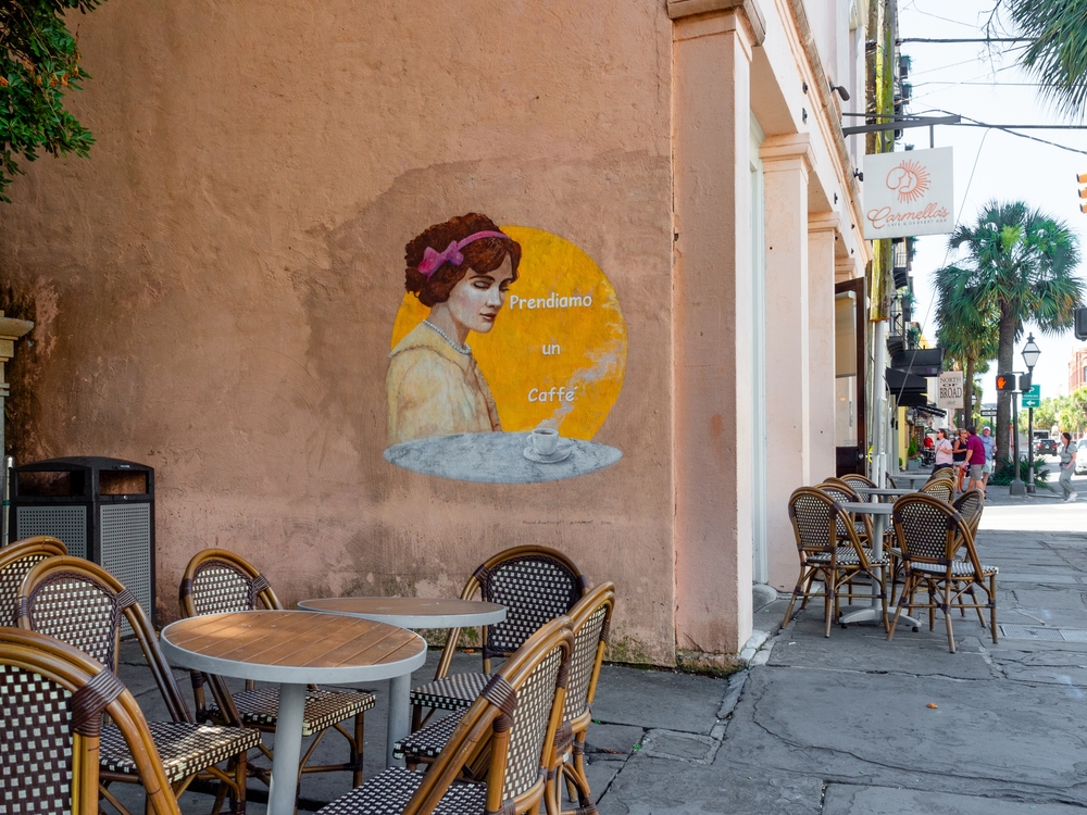 Street view of the mural at Carmella's Cafe and Dessert Bar
