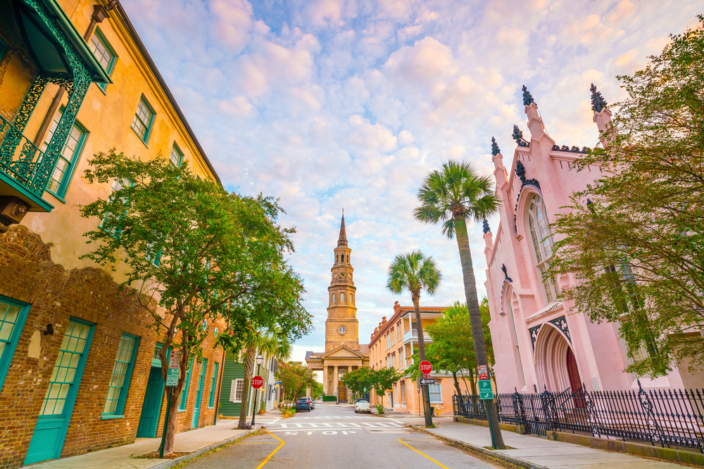 Historical downtown area of Charleston, South Carolina, USA at twilight.