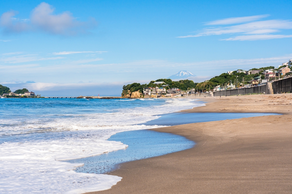 Stunning view of Kamakura Beach with Mount Fuji rising in the background. 