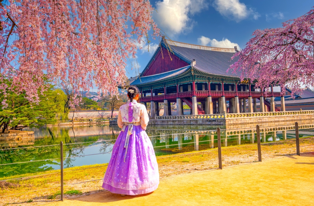 cherry blossom trees surrounding a girl standing in front of an old temple things to do in seoul