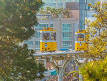 yellow colored sky capsules in the city Haeundae blueline park