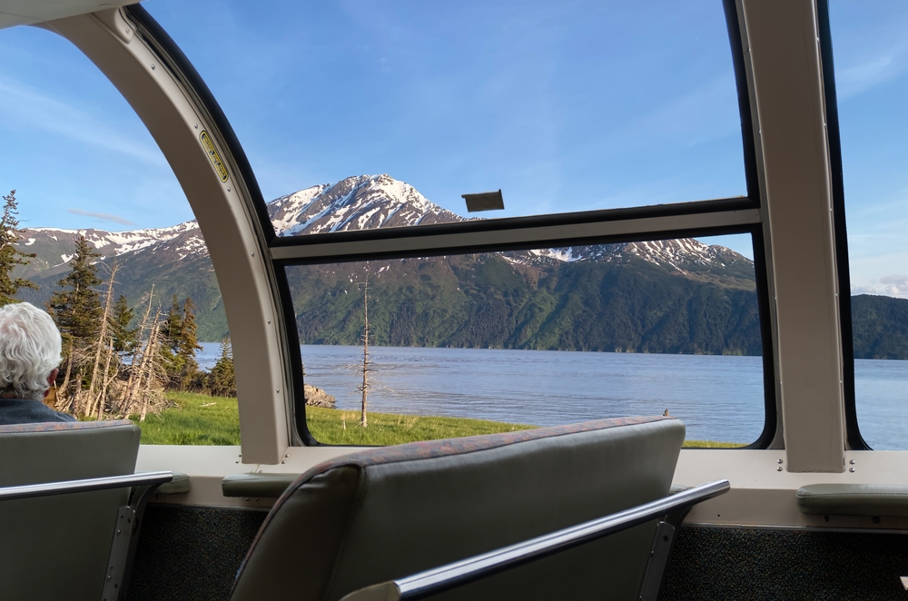 GoldStar Dome train car on the Alaska Railroad offers dramatic views of Alaskan wilderness.