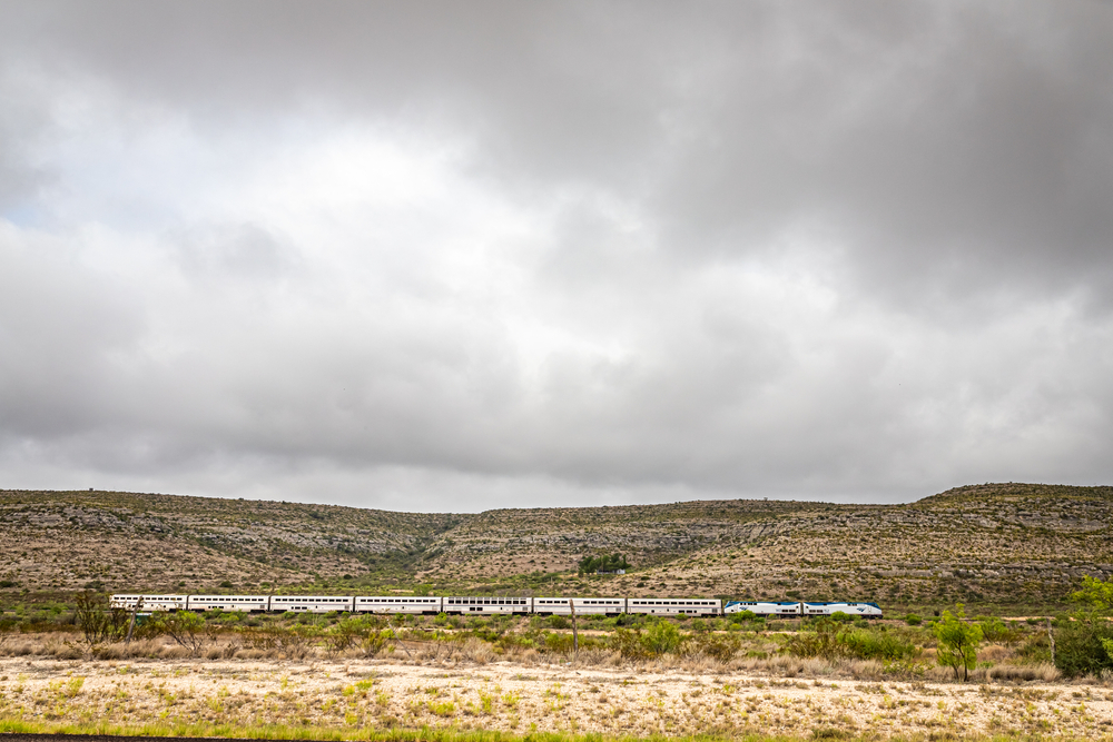 The Amtrak Sunset Limited train travels through the desert near Sanderson, Texas.