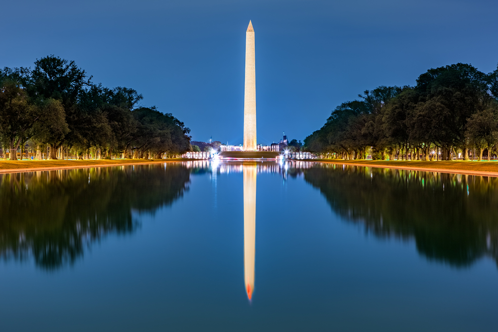 Washington monument, mirrored in the reflecting pool in the evening. America at 250 