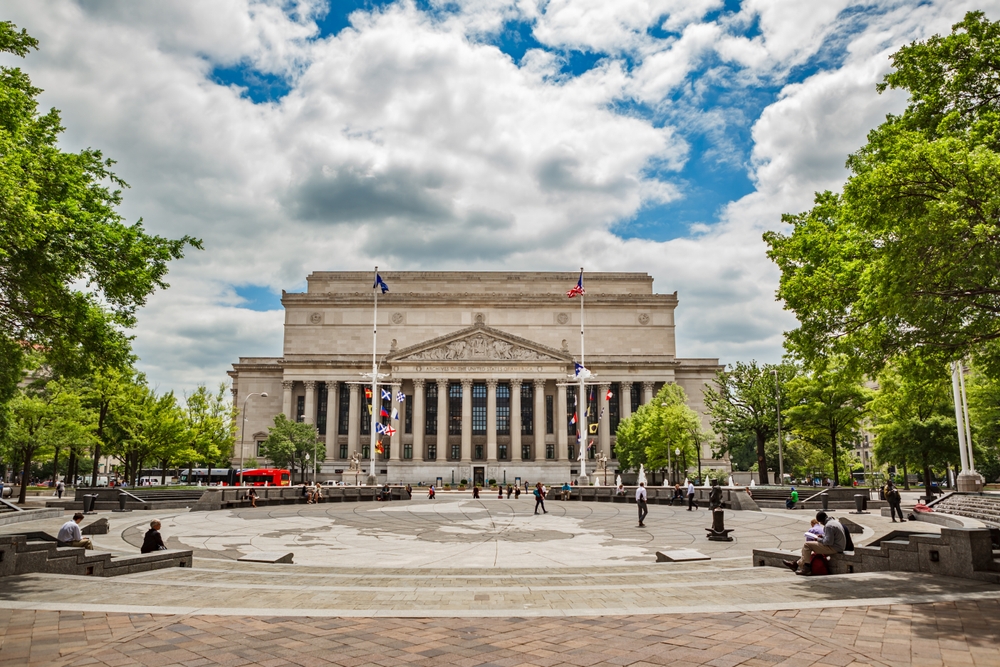 National Archives building from the US Navy Memorial Plaza located on Pennsylvania Avenue in Washington. America at 250. 