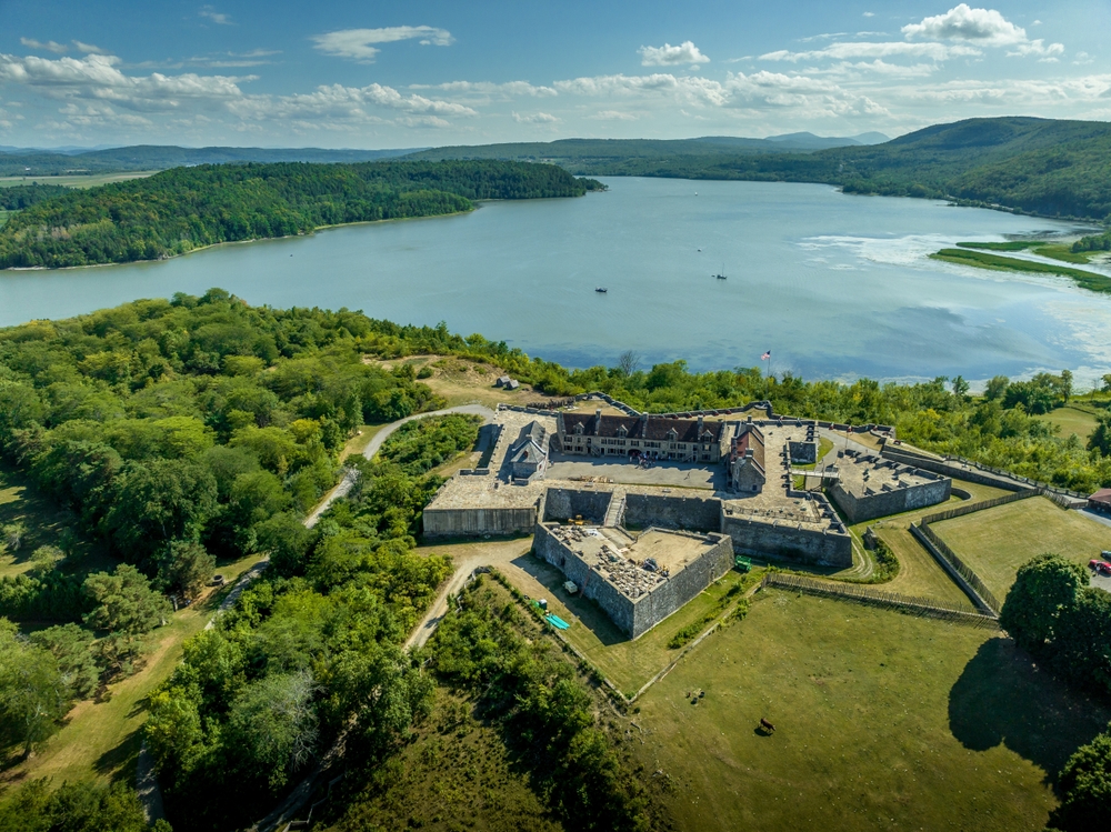 Aerial view of Fort Ticonderoga on Lake George in upstate New York from the revolutionary war era with four bastions.