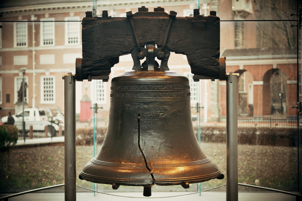 Liberty Bell and Independence Hall in Philadelphia. The article is about America at 250. 