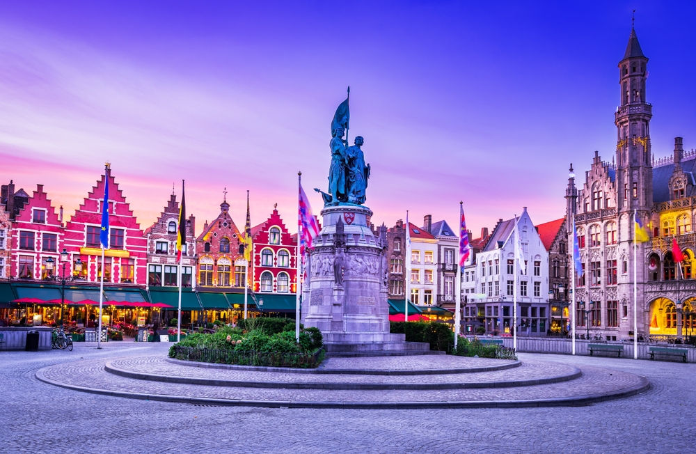 Bruges, Belgium. Grote Markt, meeting place of the Brugelings at sunset.