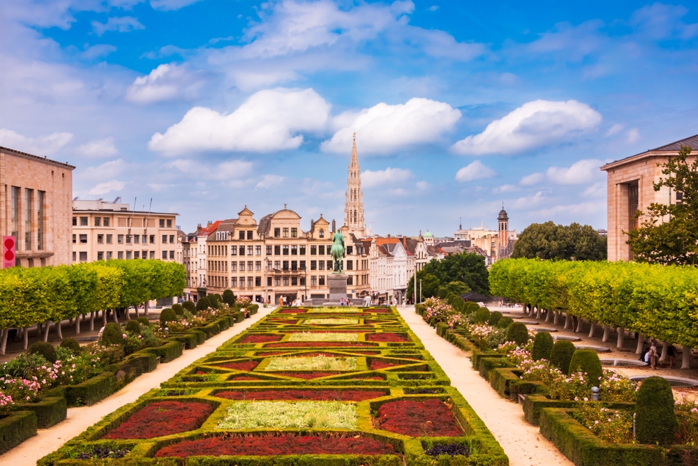 Panoramic view of Brussels city, Belgium. It shows the gardens with the city beyond.