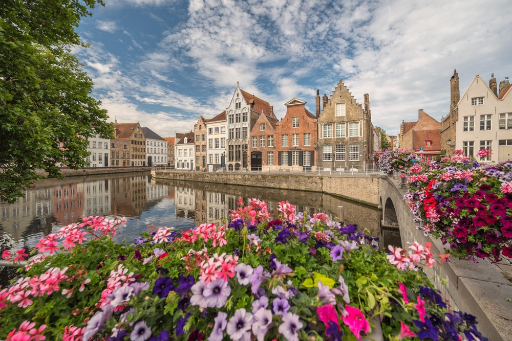 flowers in front of a canal with buildings lining beside it brussels itinerary cities in belgium