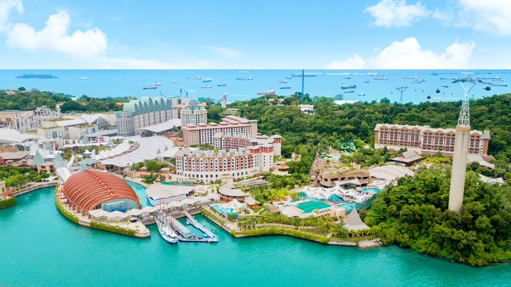 Aerial view of Sentosa Island resort with ship on the sea in the Singapore city