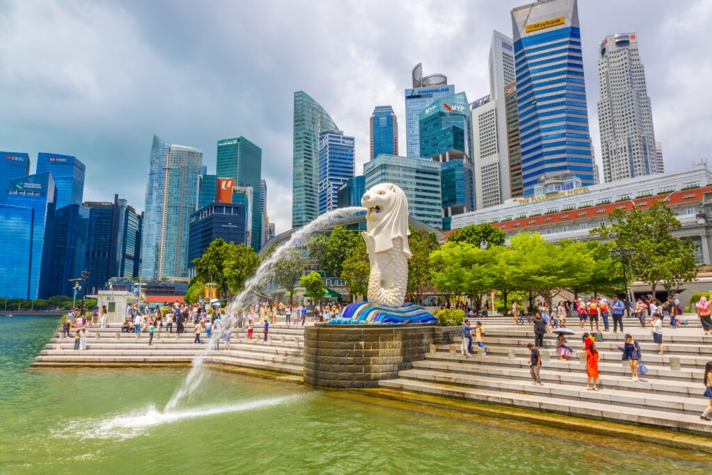 Merlion statue fountain, a famous Singapore landmark at Merlion Park in Marina Bay. Merlion is the national symbol of Singapore. This article is about things to do in Singapore.